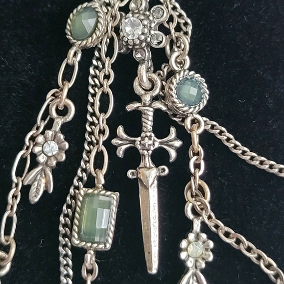 Silvertone 3.5" Dangle Earrings | green stones, sword, flowers, rhinestones EUC - Picture 3 of 10